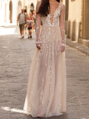 A-Line Wedding Dresses Scoop Neck Floor Length Lace Tulle Long Sleeve Beach Sexy See-Through_1