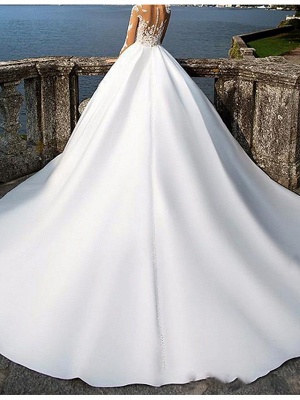A-Line Wedding Dresses V Neck Sweep \ Brush Train Satin Long Sleeve Formal Plus Size Illusion Sleeve_2