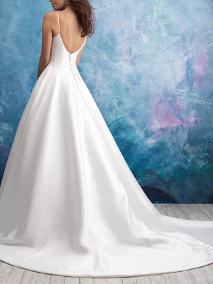 A-Line Wedding Dresses V Neck Sweep \ Brush Train Satin Sleeveless Vintage Plus Size_3