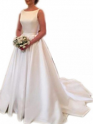 A-Line Wedding Dresses Jewel Neck Sweep \ Brush Train Stretch Satin Spaghetti Strap Simple Backless Elegant_2