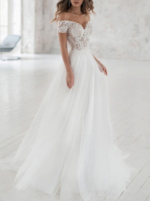 A-Line Wedding Dresses Off Shoulder Sweep \ Brush Train Lace Tulle Short Sleeve Beach Boho Sexy See-Through_1