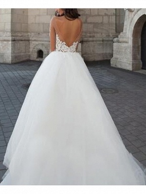 A-Line Wedding Dresses Strapless Floor Length Lace Tulle Long Sleeve Formal Illusion Sleeve_2