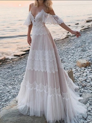 A-Line Wedding Dresses V Neck Spaghetti Strap Sweep \ Brush Train Lace Tulle Half Sleeve Beach Sexy Plus Size_2