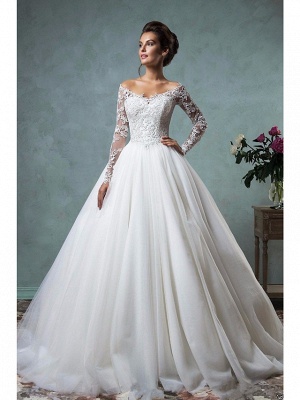 A-Line Wedding Dresses Off Shoulder Court Train Lace Tulle Long Sleeve Formal See-Through_1