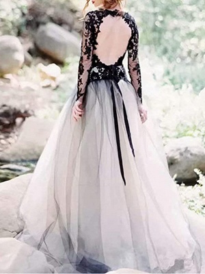 A-Line Wedding Dresses Plunging Neck Sweep \ Brush Train Polyester Long Sleeve Country Plus Size_2
