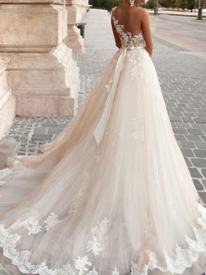 A-Line Wedding Dresses Jewel Neck Sweep \ Brush Train Lace Tulle Sleeveless Formal Sexy See-Through_2