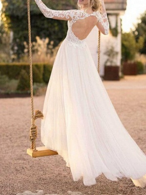 A-Line Wedding Dresses V Neck Floor Length Lace Tulle Long Sleeve Beach Boho See-Through Backless Illusion Sleeve_2