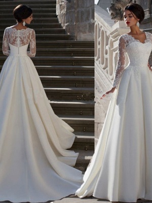 A-Line Wedding Dresses Strapless Court Train Lace Satin Long Sleeve Formal_3