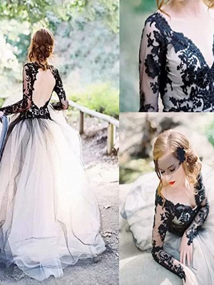 A-Line Wedding Dresses Plunging Neck Sweep \ Brush Train Polyester Long Sleeve Country Plus Size_3