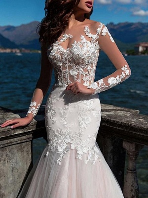 Mermaid \ Trumpet Jewel Neck Court Train Lace Tulle Long Sleeve Formal See-Through Wedding Dresses_2