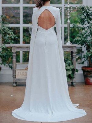 A-Line Wedding Dresses Jewel Neck Sweep \ Brush Train Satin Long Sleeve Formal Plus Size_3