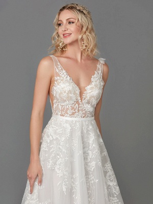 A-Line Wedding Dresses Plunging Neck Floor Length Lace Tulle Sleeveless See-Through_9