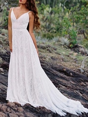 A-Line Wedding Dresses Spaghetti Strap Sweep \ Brush Train Lace Sleeveless Beach Vintage Sexy Wedding Dress in Color Backless_1