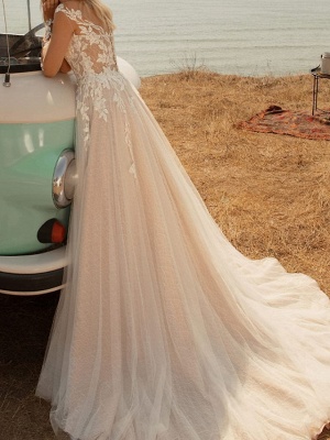 A-Line Wedding Dresses V Neck Sweep \ Brush Train Lace Tulle Jersey Long Sleeve Country Plus Size Illusion Sleeve_2