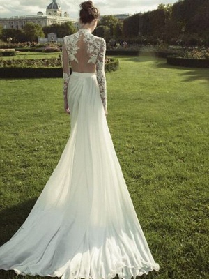 A-Line Wedding Dresses High Neck Court Train Lace Polyester Long Sleeve Country Illusion Sleeve_3
