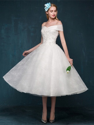 A-Line Wedding Dresses Off Shoulder Tea Length Beaded Lace Short Sleeve Casual Vintage Plus Size Cute_5