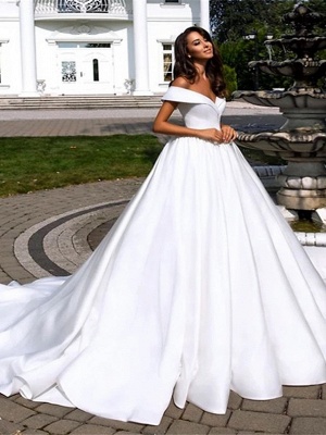Ball Gown A-Line Wedding Dresses Off Shoulder Cathedral Train Polyester Short Sleeve_1