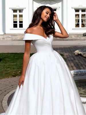 Ball Gown A-Line Wedding Dresses Off Shoulder Cathedral Train Polyester Short Sleeve_3