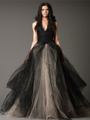 Ball Gown Wedding Dresses Halter Neck Floor Length Satin Tulle Regular Straps Black Modern_1