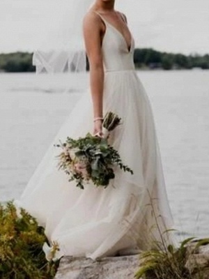 A-Line Wedding Dresses V Neck Floor Length Polyester Sleeveless Formal Plus Size_3