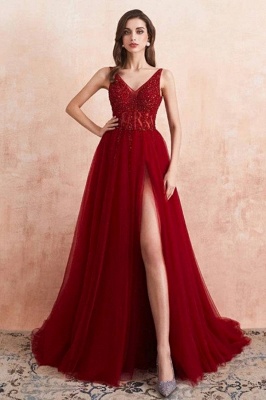 ZY176 Elegant Evening Dresses V Neckline Prom Dresses Long Red Online_1
