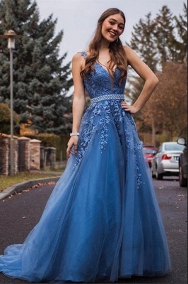 ZY223 Beautiful Evening Dresses With Lace Blue Prom Dress V Neckline_2