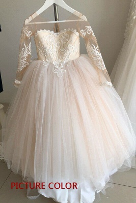 Princess Jewel Long Sleeves Lace Tulle Flower Girl Dresses with Bowknot_2
