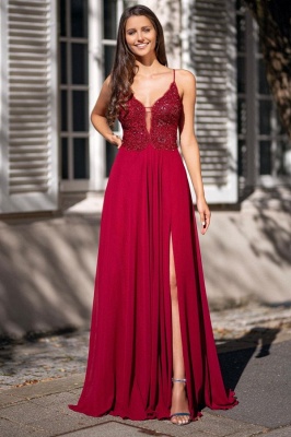 ZY357 Simple Evening Dresses With Lace Red Evening Wear Online_1