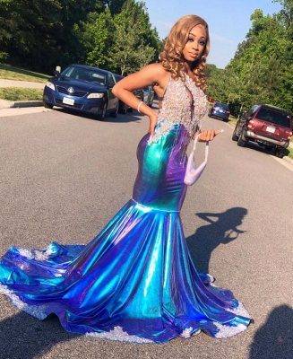 Elegant Blue Halter Mermaid Prom Dresses With Glitter_1