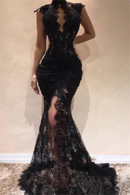 Black High Neck Lace Sexy Prom Dresses with Front Split_1