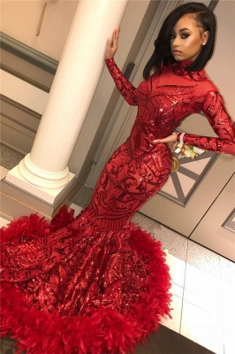 High Neck Red Mermaid Sequins Long Sleeves Prom Dress_3