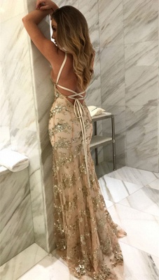 Spaghetti Staps Mermaid V-neck Floor length Crystal Beads Prom Dresses_11